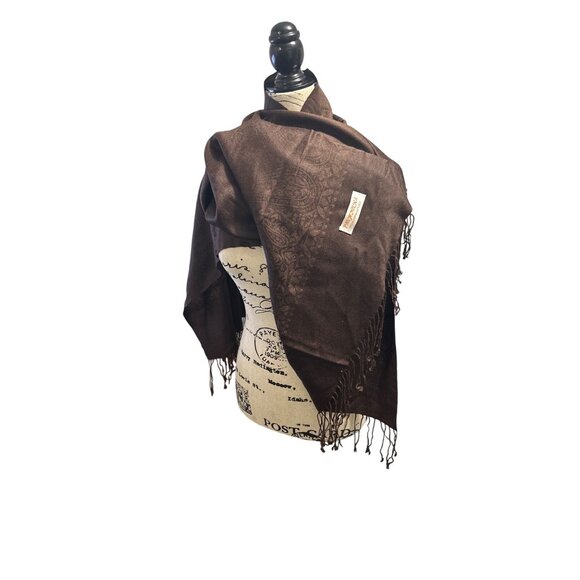 Elegant Brown Pashmina Scarf Wrap With Fringe Detail Soft Lightweight Material V - Picture 6 of 7